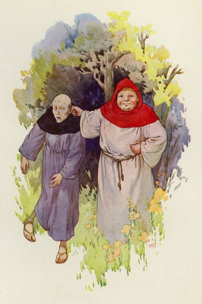 Broeder Tuck leidt een magere, miserabele monnik bij het oor (kleurenlitho) door Harry George Theaker