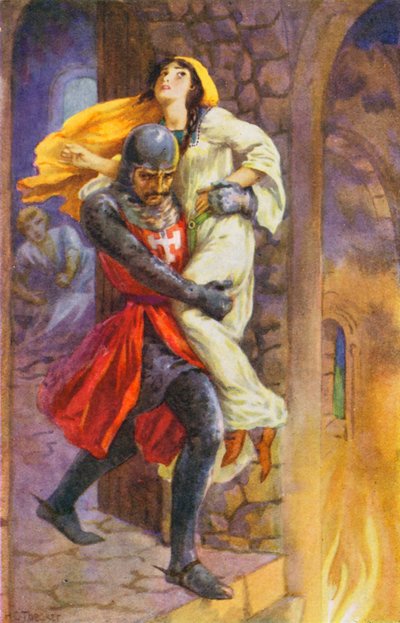 "Hij greep haar en droeg haar het appartement uit" (kleurenlitho) door Harry George Theaker