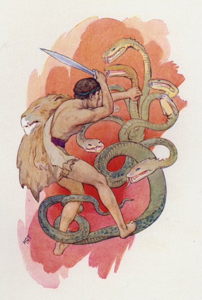 Hercules en de zevenkoppige slang (kleurenlitho) door Harry George Theaker