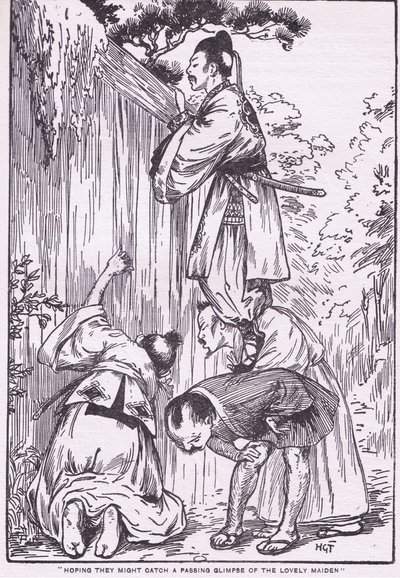 In de hoop een glimp op te vangen van het mooie meisje (uit Daughter of the Moon) (litho) door Harry George Theaker