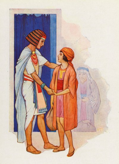 Juda bracht Benjamin en stelde hem voor aan Jozef (kleurenlitho) door Harry George Theaker