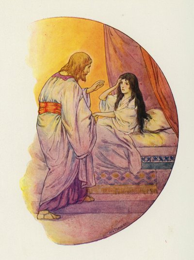 "Klein meisje," zei Hij, "Sta op!" (kleurenlitho) door Harry George Theaker