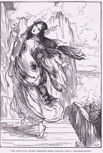 Een mooie meisjesgodin begon te dansen op een klankbord (De Vlakte van de Hoge Hemel) (litho) door Harry George Theaker