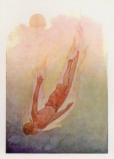 Phaeton met zijn haar in vlammen, vallend in een diepe koele rivier (kleurenlitho) door Harry George Theaker