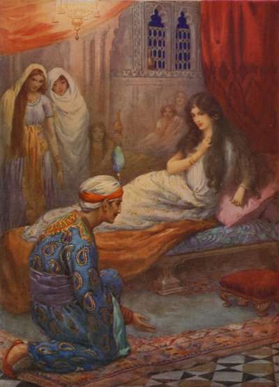 Prins Feroze-Shah wekt de mooie prinses (kleurenlitho) door Harry George Theaker