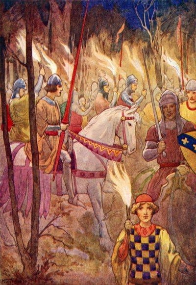 Optocht van ridders met fakkels (kleurenlitho) door Harry George Theaker