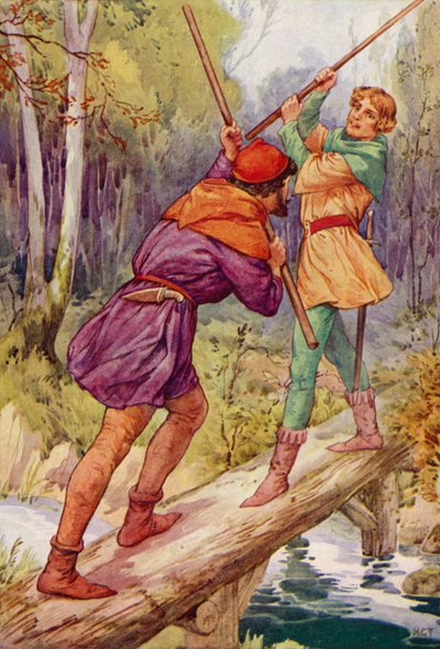 Robin Hood en Little John (kleurenlitho) door Harry George Theaker