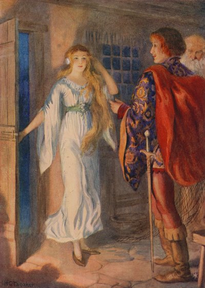 Sir Huldbrand en Undine, uit "Undine" (kleurenlitho) door Harry George Theaker