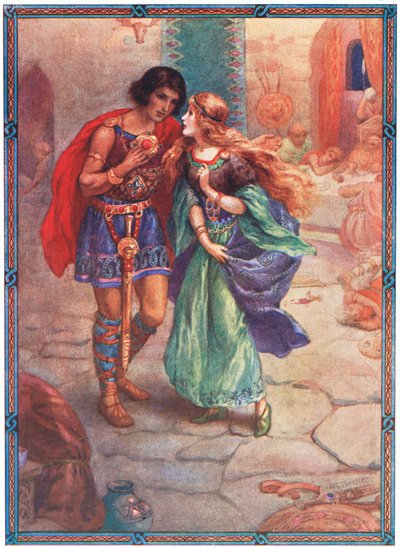 "Neem mij tot je vrouw" (uit Diarmud en Grania) (kleurenlitho) door Harry George Theaker
