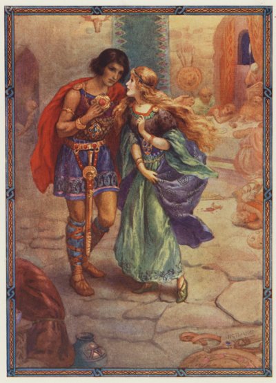 "Neem mij tot je vrouw!", Diarmuid en Grania (kleurenlitho) door Harry George Theaker