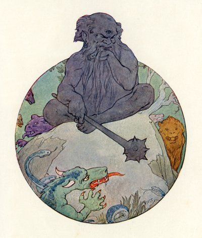 De Grote Zwarte Reus fronste zijn wenkbrauwen naar Sir Gawaine (kleurenlitho) door Harry George Theaker