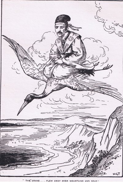 De kraanvogel vloog weg over bergen en zeeën (uit het verhaal van Sentaro) (litho) door Harry George Theaker