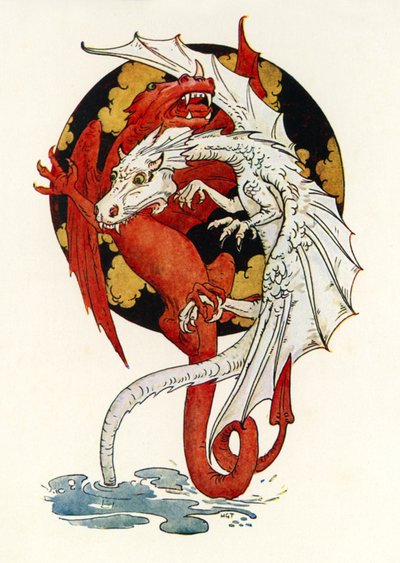 Het gevecht tussen de draken (kleurenlitho) door Harry George Theaker