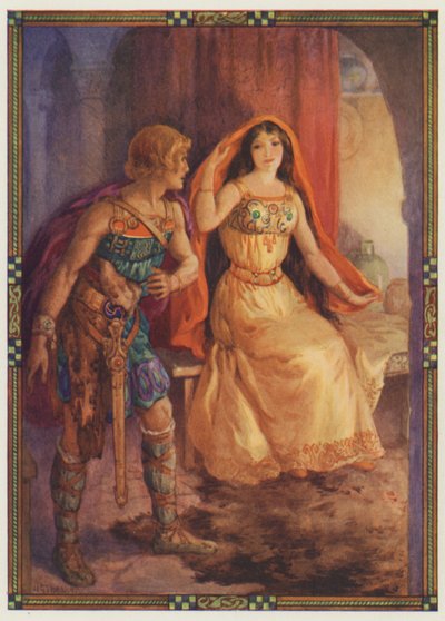 "De dame onthulde haar gezicht", The Loathly Lady and the Gallant Knight (kleurenlitho) door Harry George Theaker
