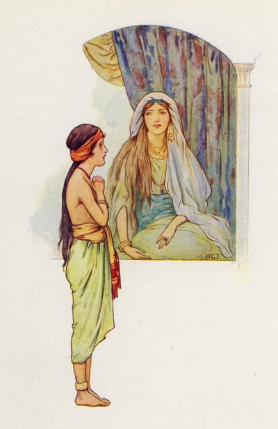 Het dienstmeisje vertelde haar meesteres dat er een profeet in Samaria was die Naaman van zijn melaatsheid zou genezen (kleurenlitho) door Harry George Theaker