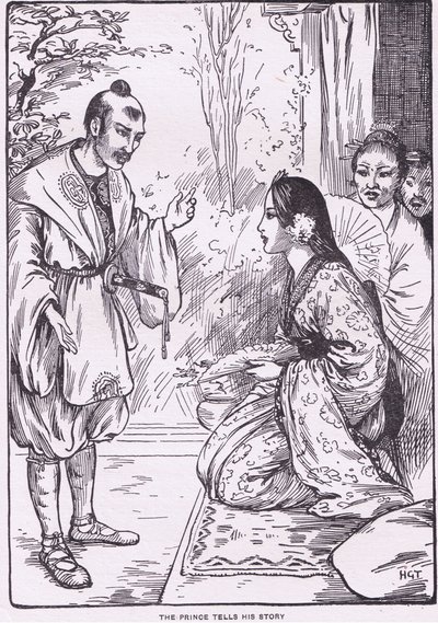 De prins vertelt zijn verhaal (uit de Dochter van de Maan) (litho) door Harry George Theaker