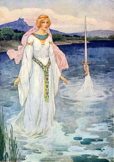 Het zwaard en de Vrouwe van het meer (kleurenlitho) door Harry George Theaker