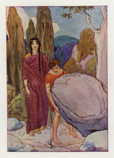 Theseus die de grote rots opheft waaronder het zwaard en de sandalen liggen (kleurenlitho) door Harry George Theaker