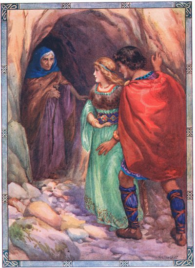 Ze kwamen bij een grot aan zee (van Diarmud en Grania) (kleurenlitho) door Harry George Theaker