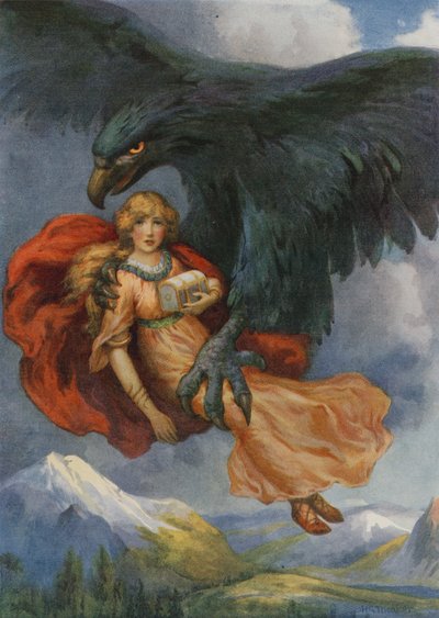 Thiassi en Iduna, uit "De appels van Iduna" (kleurenlitho) door Harry George Theaker