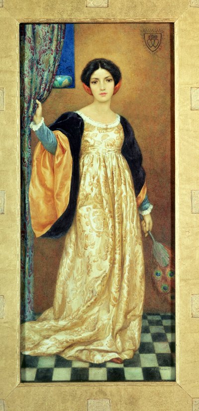Vrouw met pauwenwaaier (aquarel) door Harry George Theaker