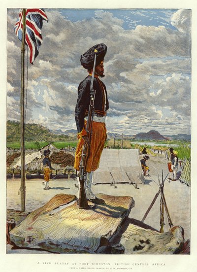 Een Sikh Wachtpost bij Fort Johnston, Brits Centraal-Afrika door Harry Hamilton Johnston
