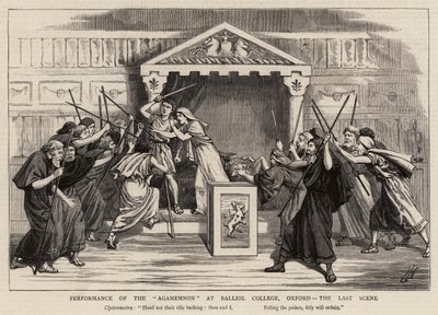 Opvoering van de Agamemnon aan Balliol College, Oxford, de laatste scène door Harry Hamilton Johnston