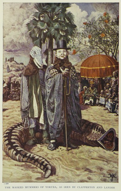 De gemaskerde mummers van Yoruba, gezien door Clapperton en Lander, illustratie uit "Pioneers of West Africa", 1912 door Harry Hamilton Johnston