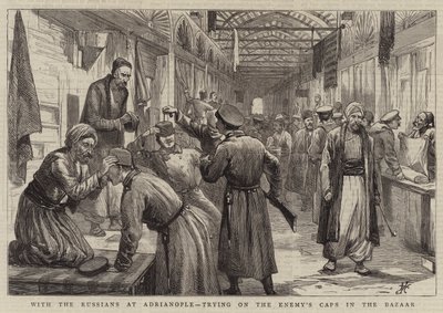 Met de Russen in Adrianopel, vijandelijke petten passen in de bazaar door Harry Hamilton Johnston