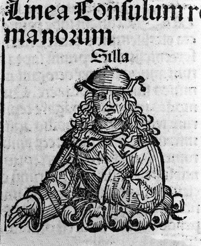 Voorstelling van de Romeinse politicus Lucius Cornelius Sulla (Silla of Sylla) (138-68 v.Chr.) Houtsnede van 