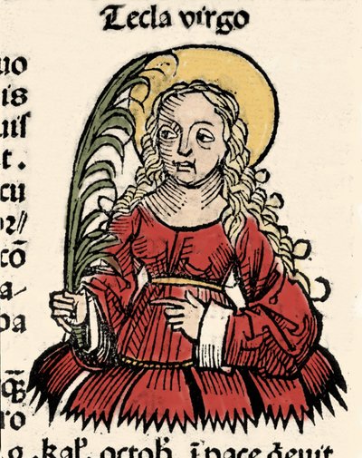 Voorstelling van de Maagd en Martelaarschap Thecle van Iconium (Santa Tecla) Houtsnede van 