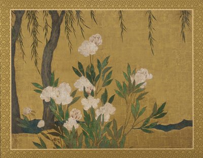 Pioenen en wilgen, Momoyama of Edo periode, begin 17e eeuw door Hasegawa Tonin