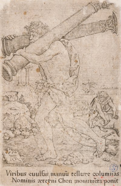 Hercules draagt de zuilen van Gades, uit de serie:  De Werken van Hercules (12) door Heinrich Aldegrever