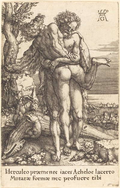Hercules vecht tegen de riviergod Achelus door Heinrich Aldegrever