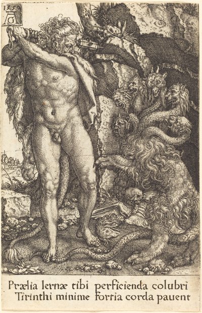 Hercules vecht met de Hydra van Lernea door Heinrich Aldegrever