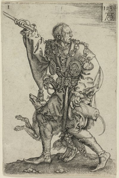 Ceremoniemeester met een hond, plaat één uit de Grote Bruiloftsdansers door Heinrich Aldegrever