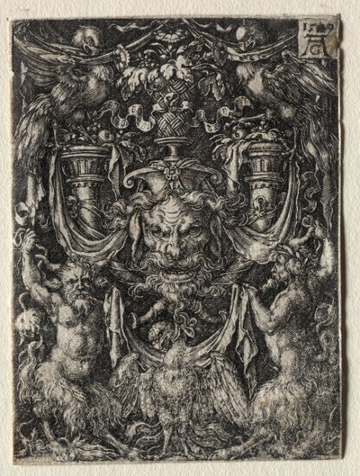 Ornamentontwerp met een masker en een adelaar tussen twee faunen beneden door Heinrich Aldegrever