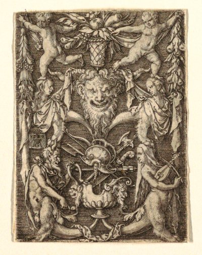 Ornament met Masker en Groteske Figuren door Heinrich Aldegrever