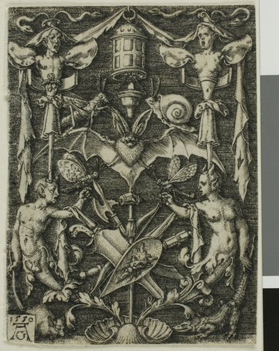 Ornamentaal ontwerp met een vleermuis in het midden door Heinrich Aldegrever