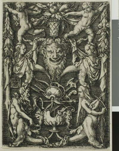 Ornamentaal Ontwerp met een Paar Satyrs, Kinderen en een Trofee door Heinrich Aldegrever