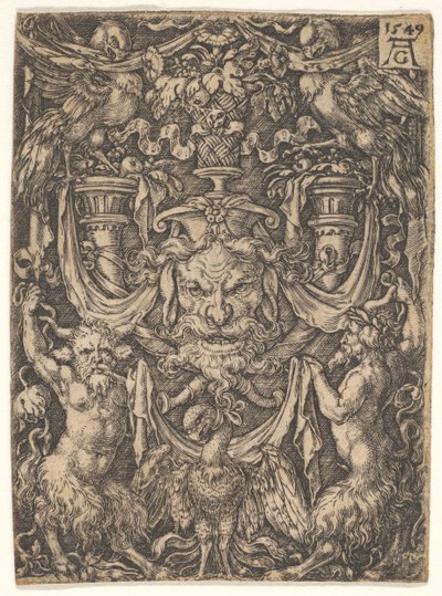 Ornamentaal ontwerp met een masker en een adelaar tussen twee faunen beneden, 1549 door Heinrich Aldegrever