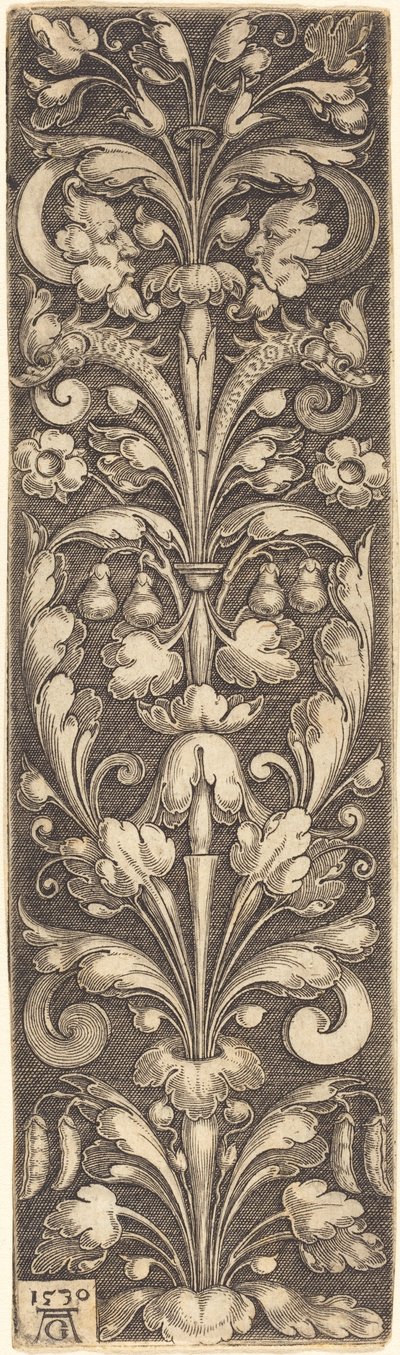 Tak van decoratief loof met twee maskers en twee dolfijnen, 1530 door Heinrich Aldegrever