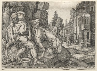 De gelijkenis van de barmhartige Samaritaan: De barmhartige Samaritaan zet de reiziger op zijn ezel, 1554 door Heinrich Aldegrever