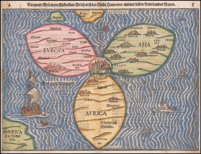 1581 Klaverblad wereldkaart door Heinrich Buenting door Heinrich Bünting
