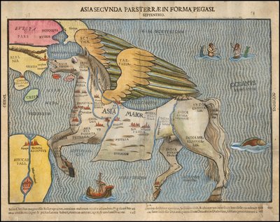 Ca. 1581 picturale kaart door Heinrich Bünting, met afbeelding van Azië als Pegasus door Heinrich Bünting
