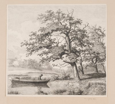 Landschap met eiken bij een meer, waar een oude man in een boot te zien is door Heinrich Buntzen