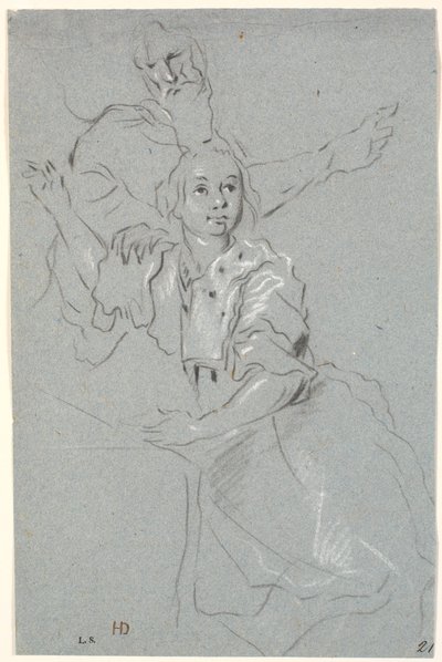 Studie van een vrouw met opgeheven arm, achter haar een bebaarde oude man door Heinrich Dittmers