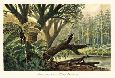Archegosaurus decheni bij een rivier in een oerwoud door Heinrich Harder