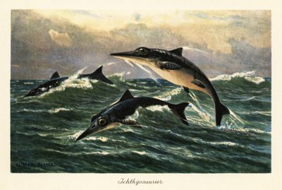Uitgestorven ichthyosauriërs springen boven de oceaan door Heinrich Harder