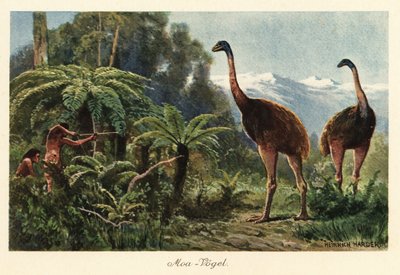 Moa-vogels die worden gejaagd door mannen met bogen en pijlen door Heinrich Harder